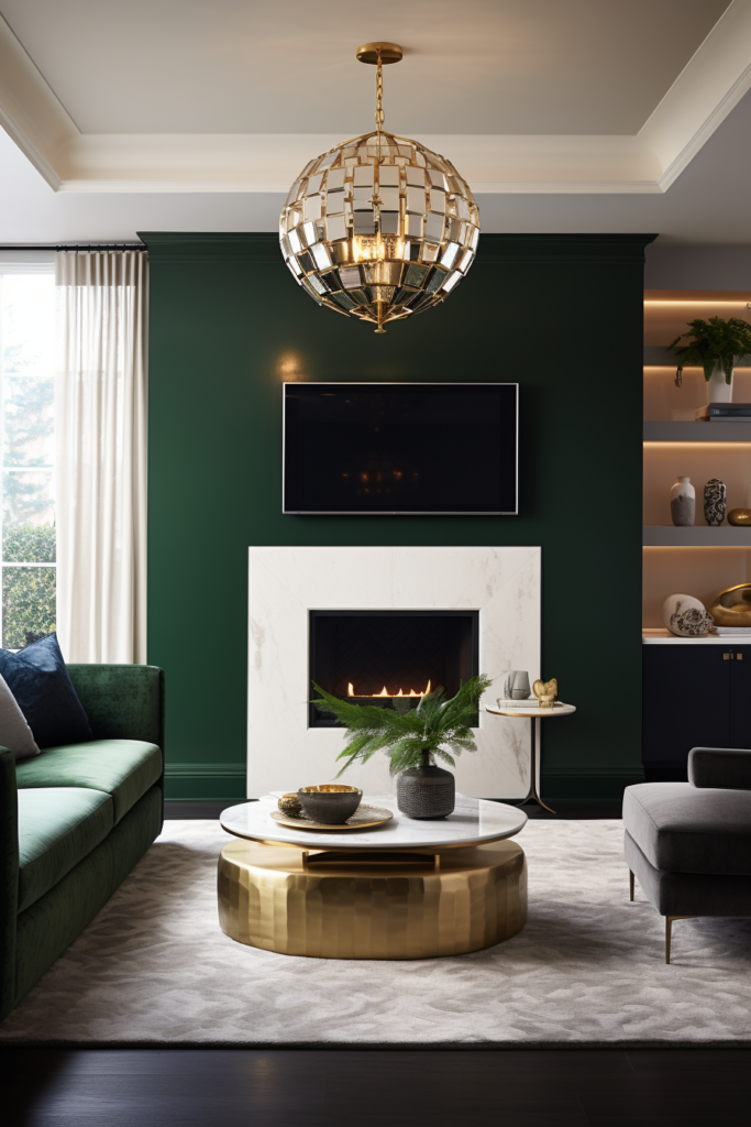 A narrow living room with green walls and gold accents showcases strategic furniture placement.