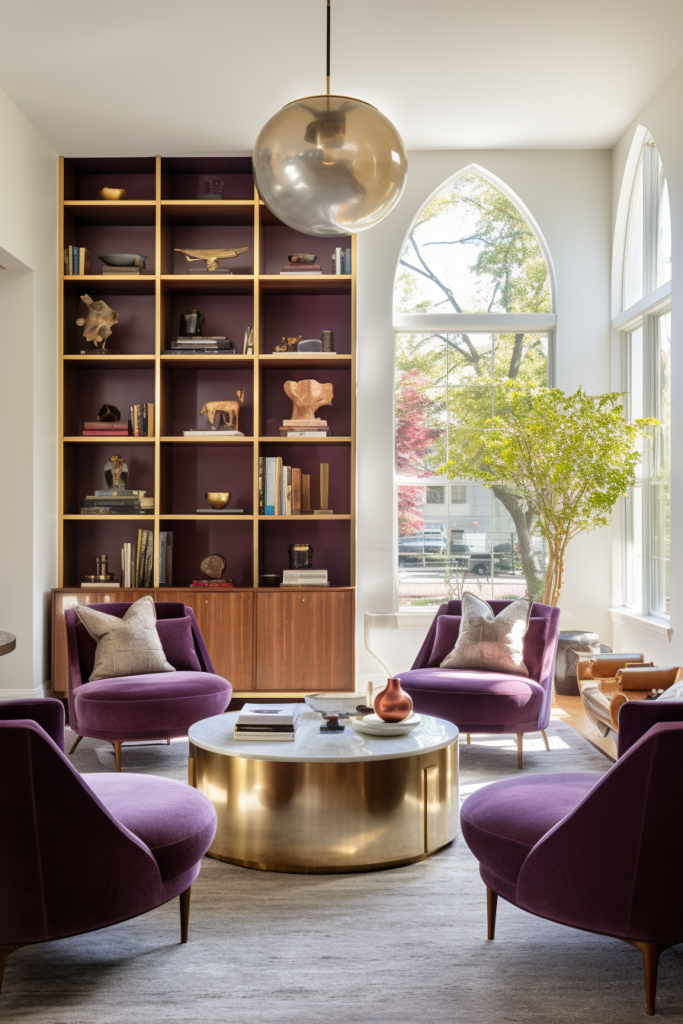 A living room with purple chairs and a gold coffee table featuring furniture placement with narrow living rooms.