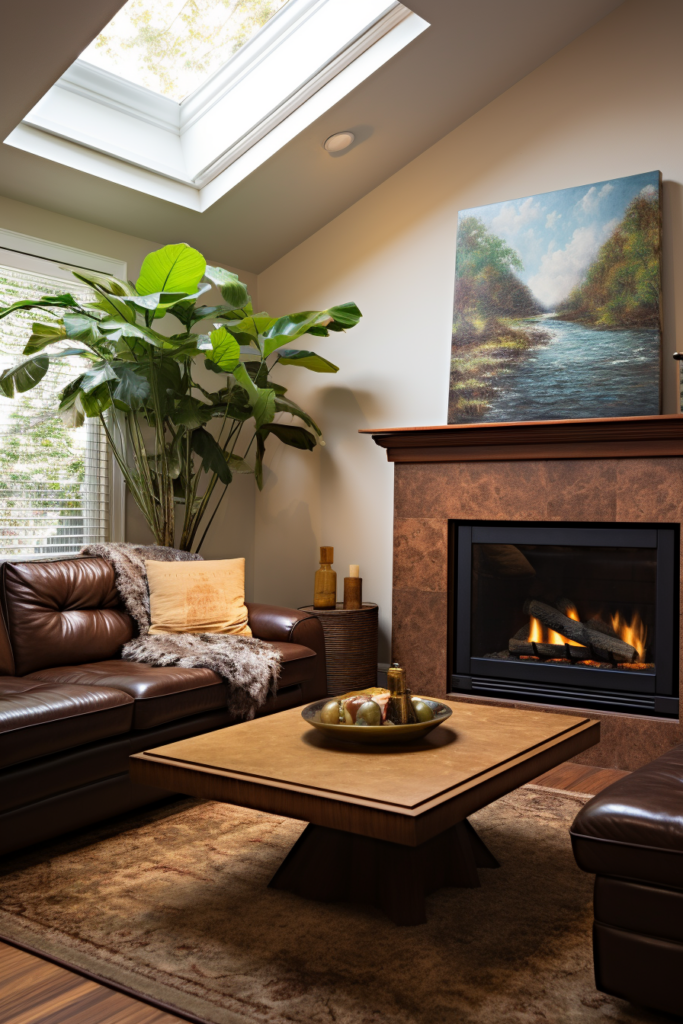 A living room with a fireplace that offers furniture placement solutions.