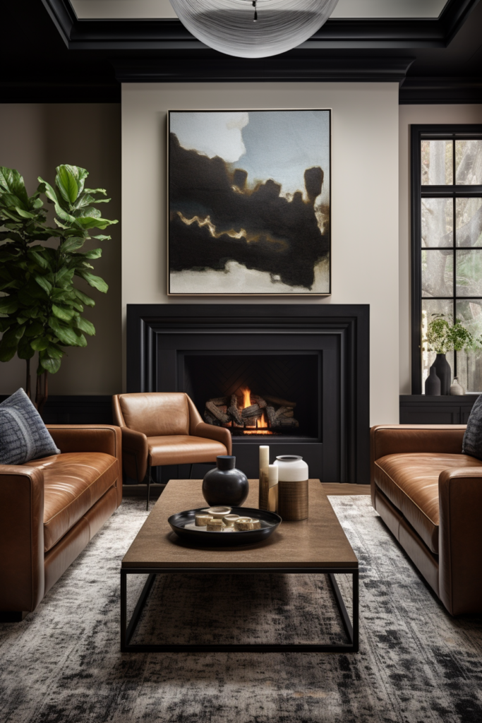 A narrow living room with brown leather furniture and a fireplace.