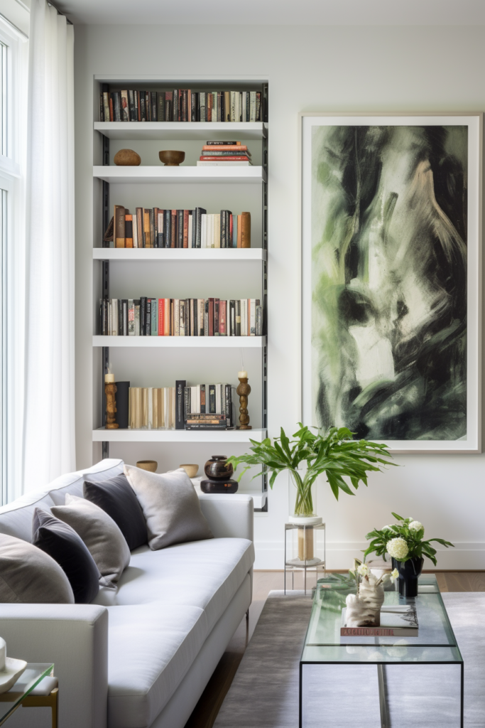 A white living room with bookshelves and a large painting beautifully combines furniture placement in narrow living rooms.