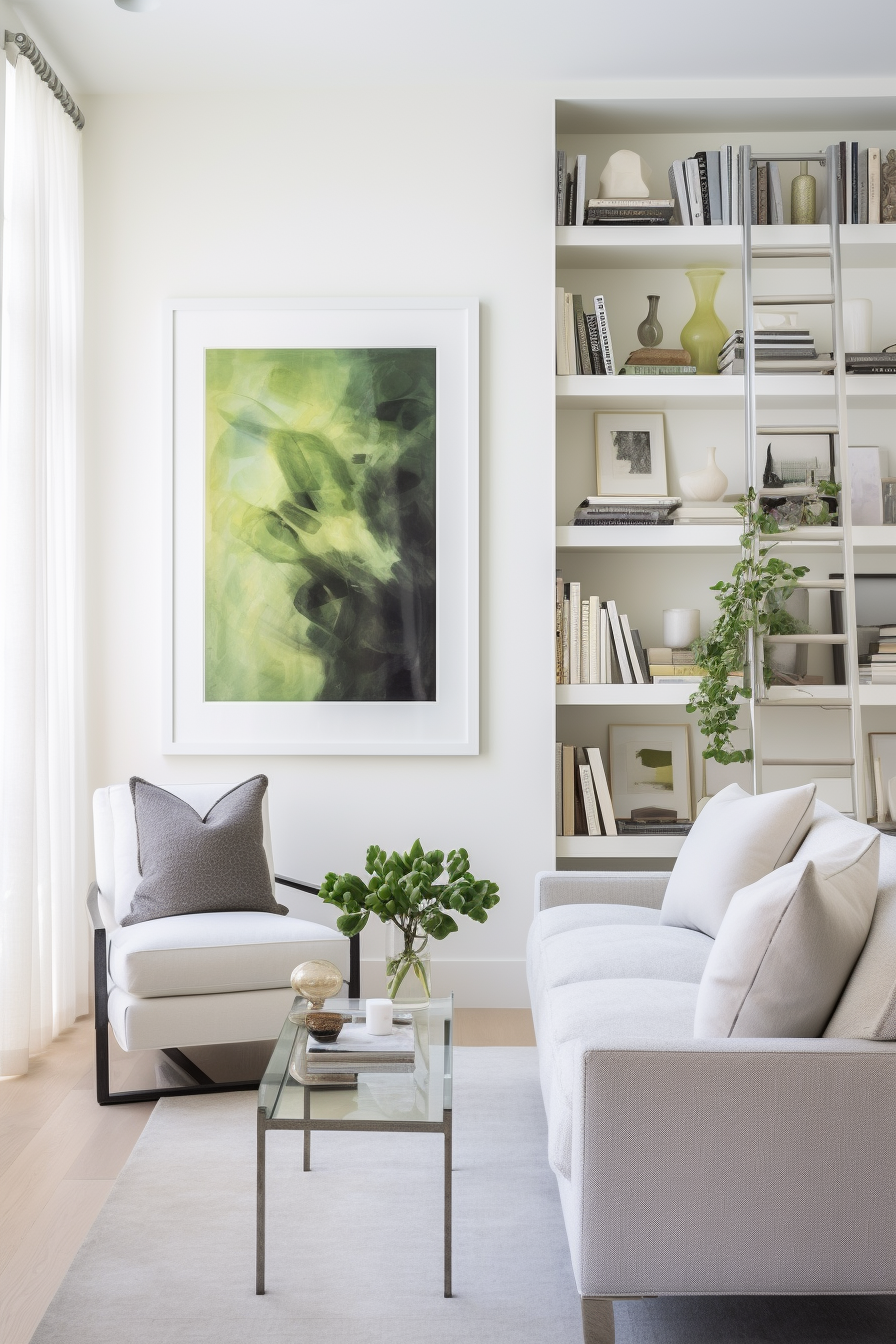A white living room with furniture placement and a large painting on the wall.
