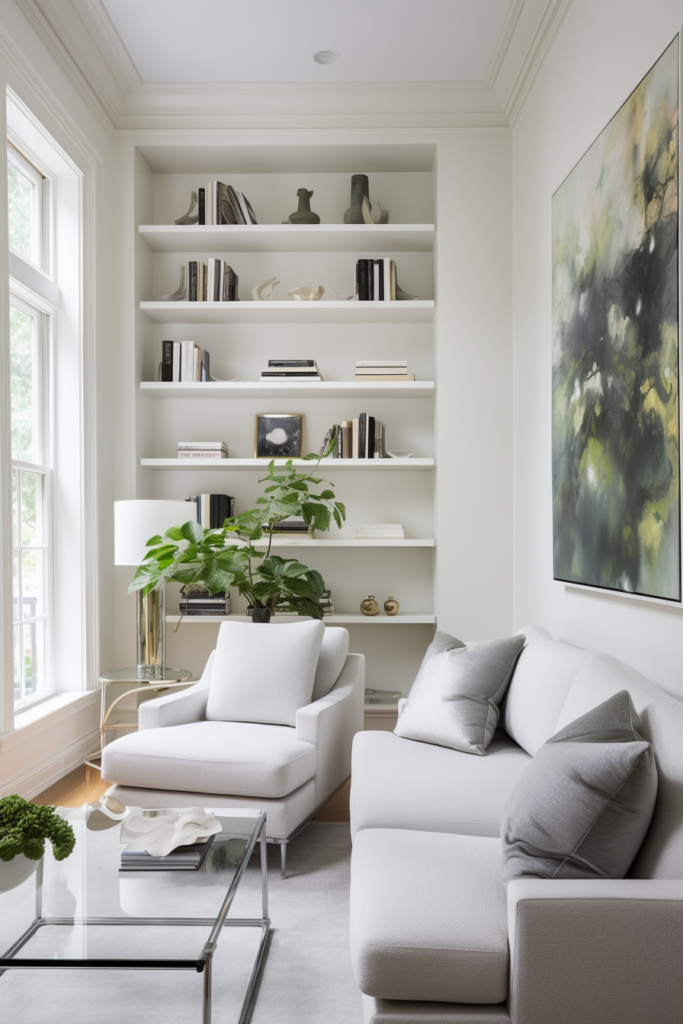 A living room with white furniture and bookshelves designed for furniture placement in narrow living rooms.