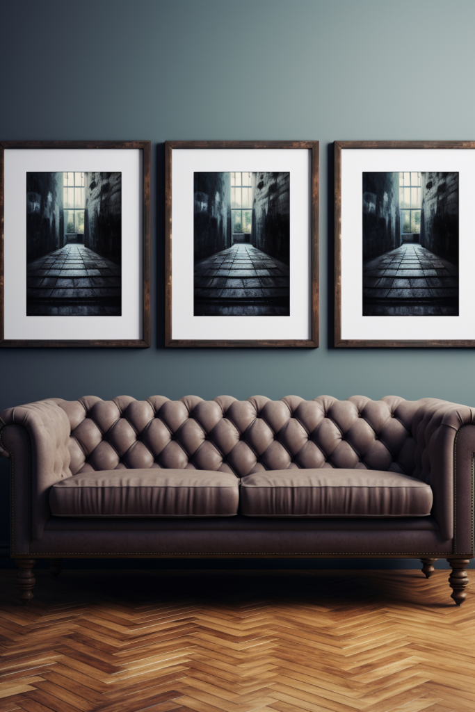 Three diverse black and white framed prints create a gallery wall above a couch, making a visual impact in the living room.