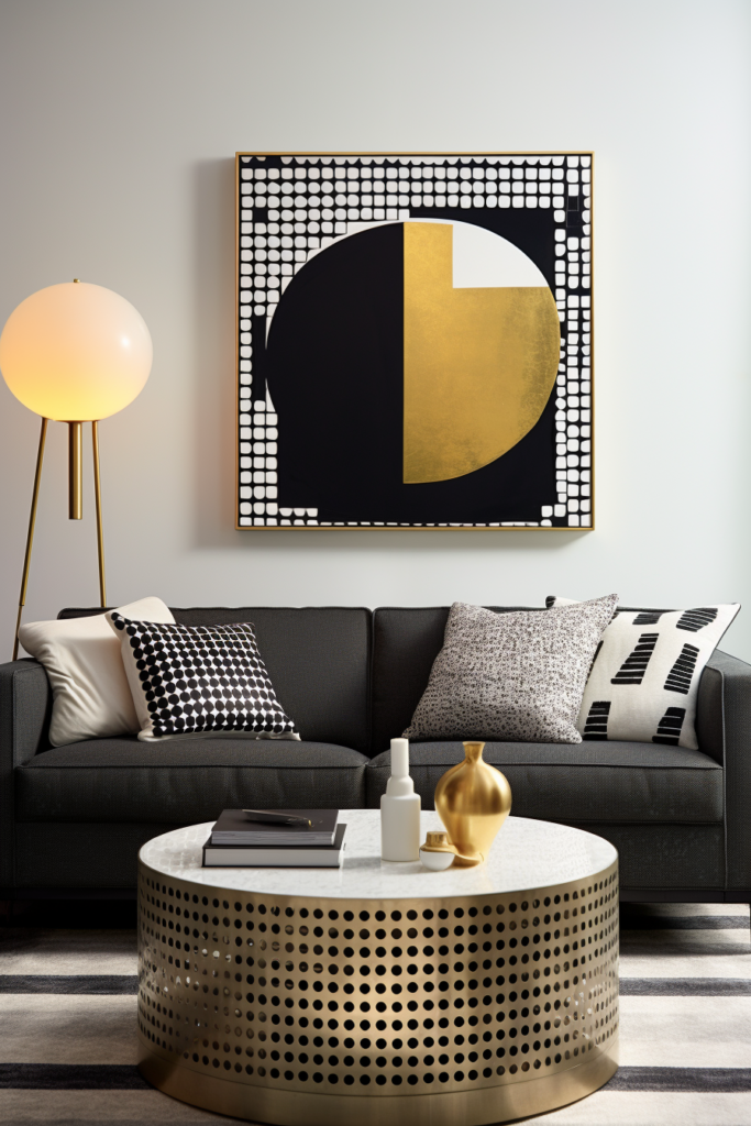 A visually impactful black and gold living room with a diverse arrangement of artwork, in the style of a gallery wall.