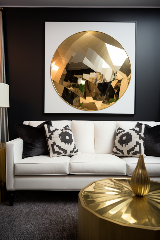 A black and white living room with a gold mirror showcasing diverse artwork arrangements for a visual impact.