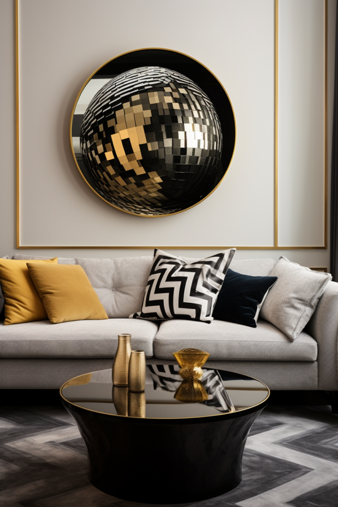 A diverse artwork arrangement in a black and gold living room, creating visual impact with a disco ball on the wall.
