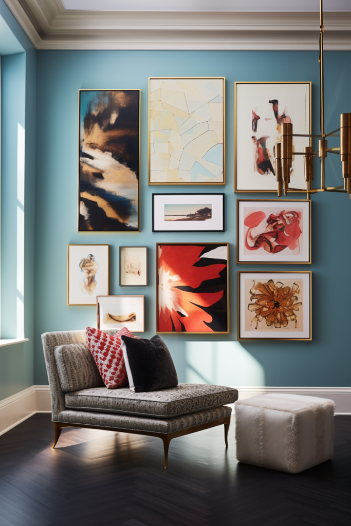 A living room with blue walls featuring a visually impactful gallery wall displaying diverse artwork arrangements.