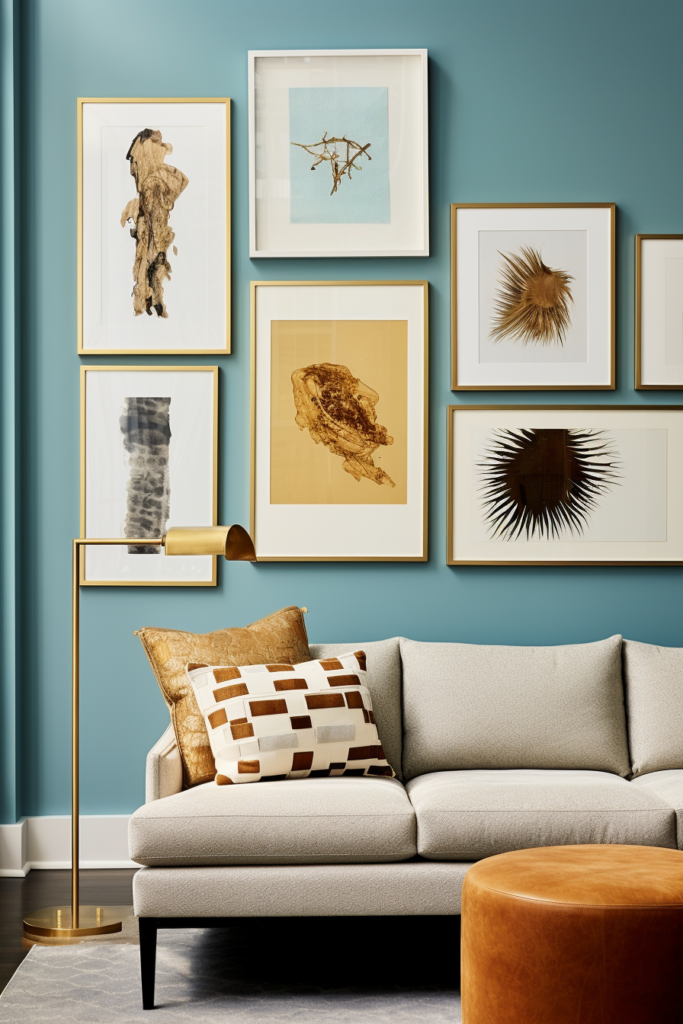 A living room with blue walls adorned with diverse artwork arrangements and framed pictures, creating a visual impact reminiscent of gallery wall mastery.