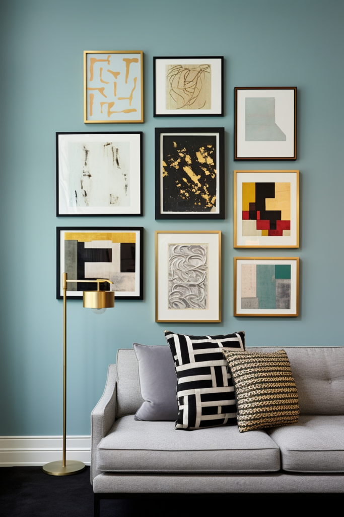 A visually impactful living room transformed into a gallery wall, featuring diverse artwork arrangements on the wall.