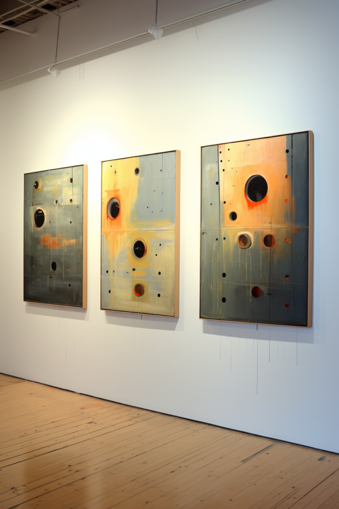Three diverse artwork arrangements hanging on a gallery wall, creating a visual impact.