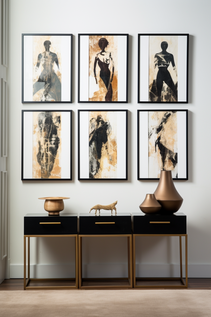 A visually impactful gallery wall featuring a diverse arrangement of four black and white framed prints.