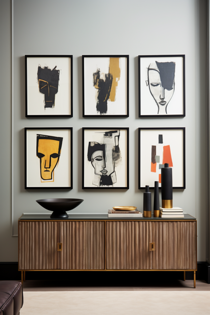 A living room with a diverse gallery wall filled with framed art, creating a visual impact.