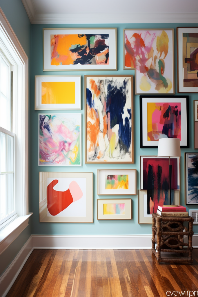 A room with a gallery wall of diverse artwork arrangements, creating a striking visual impact.