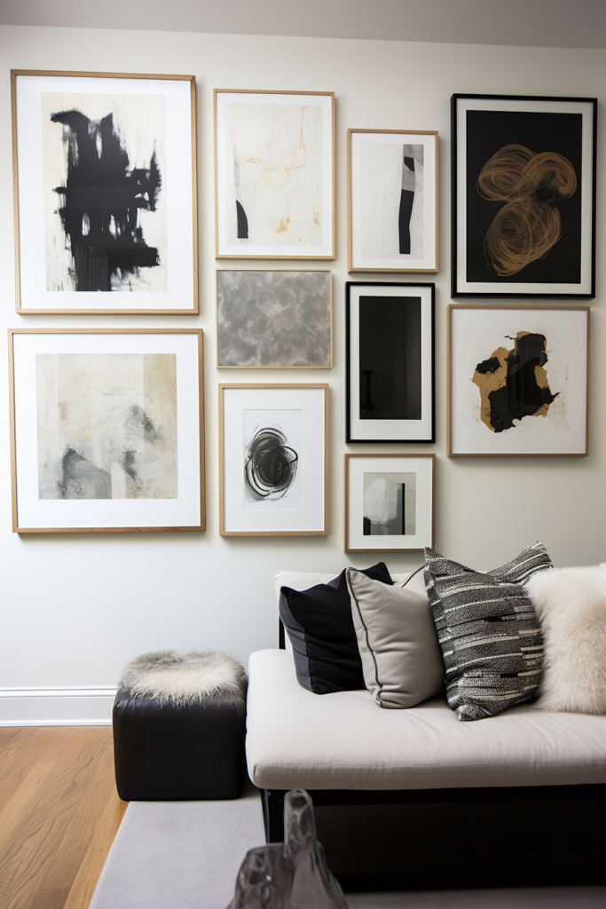 A living room with a diverse art gallery wall featuring black and white artwork to create a visual impact.