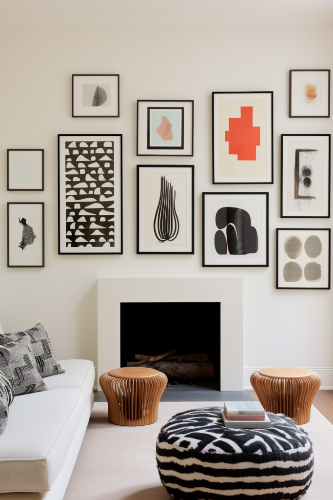 A living room with a diverse art gallery wall featuring black and white framed artwork, creating a powerful visual impact.