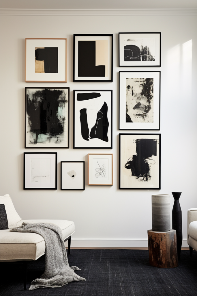 A visually striking living room showcasing a gallery wall of diverse black and white artwork arrangements.