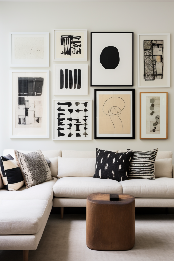 A living room with a visually striking gallery wall featuring diverse black and white artwork arrangements.