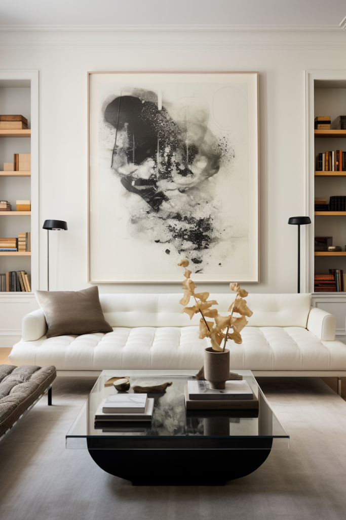 A living room with a diverse gallery wall of artwork, creating a visual impact.