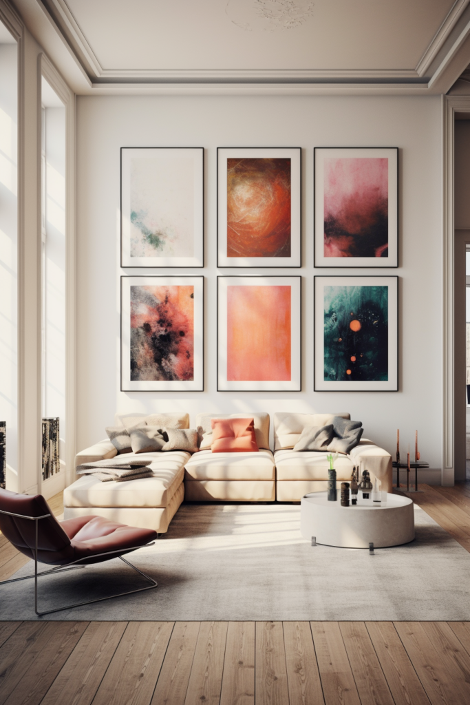 A living room adorned with diverse artwork arrangements, creating a visual impact akin to gallery wall mastery.