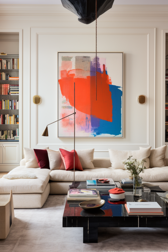 A living room with a visually impactful large painting on the wall, showcasing gallery wall mastery.