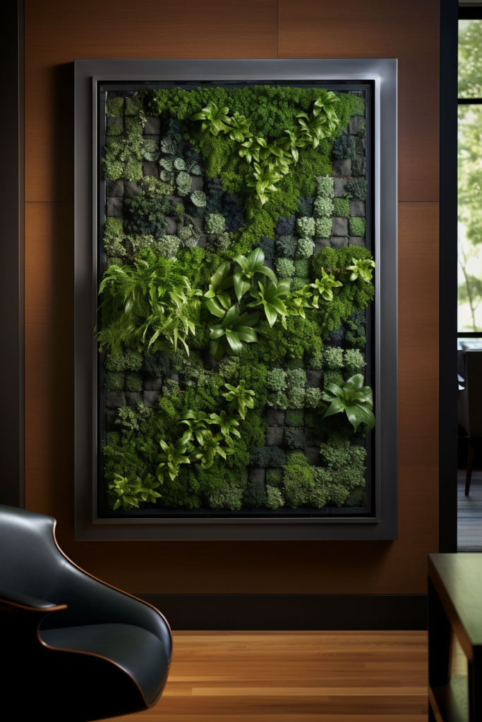 A vertical garden adds decorative greenery to the living room.