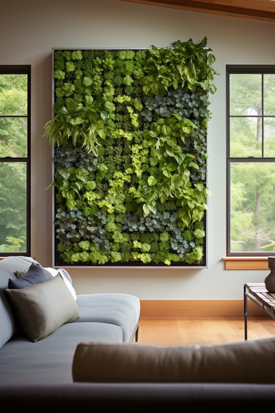 A living wall of plants brings decorative elements and greenery to a living room.