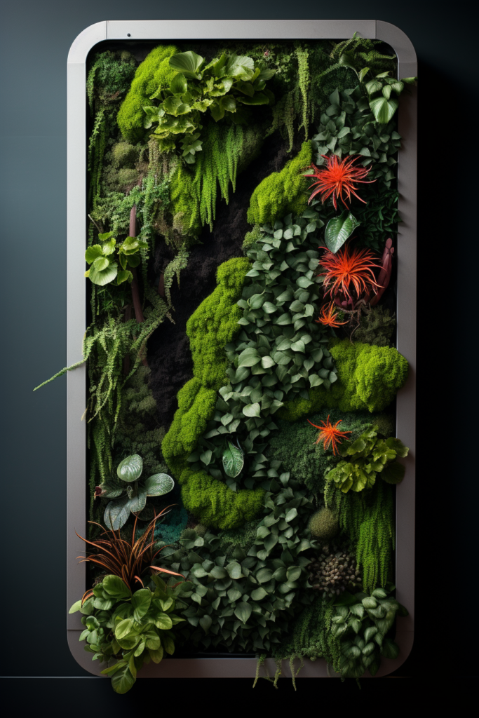 A green wall with moss and plants on a black background, serving as a decorative element.