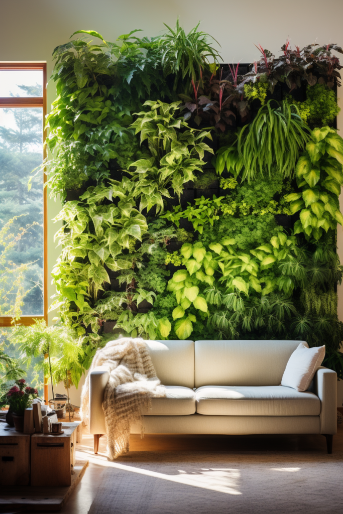 A vertical garden of greenery, serving as decorative elements in a living room.