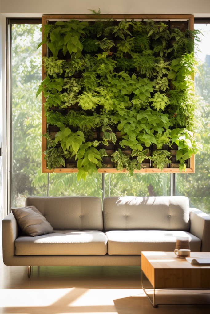 A living room with a vertical garden and greenery as decorative elements.