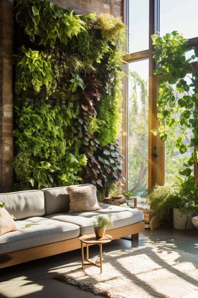 A living room with a wall of vertical gardens, adorned with decorative elements and abundant greenery.