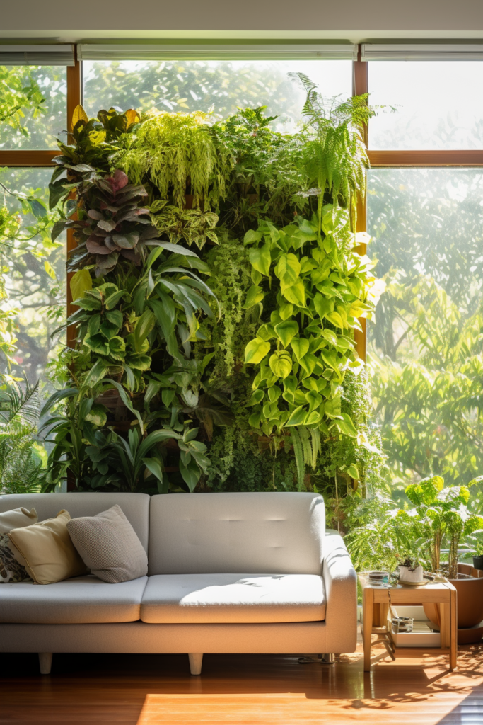 A living room adorned with a wall of decorative elements showcasing a vertical garden, filled with lush greenery.