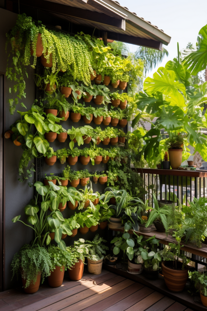 A balcony adorned with decorative elements such as potted plants, showcasing a harmonious blend of greenery along a wooden deck.