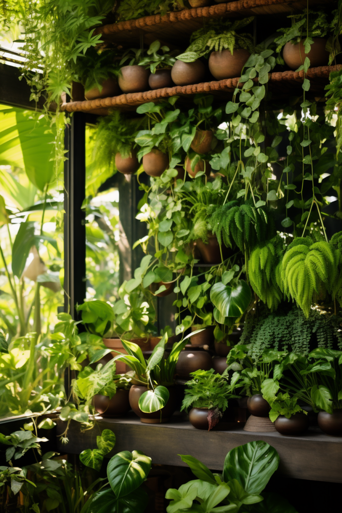 A garden with a vertical arrangement of potted plants on a decorative shelf adorned with lush greenery.