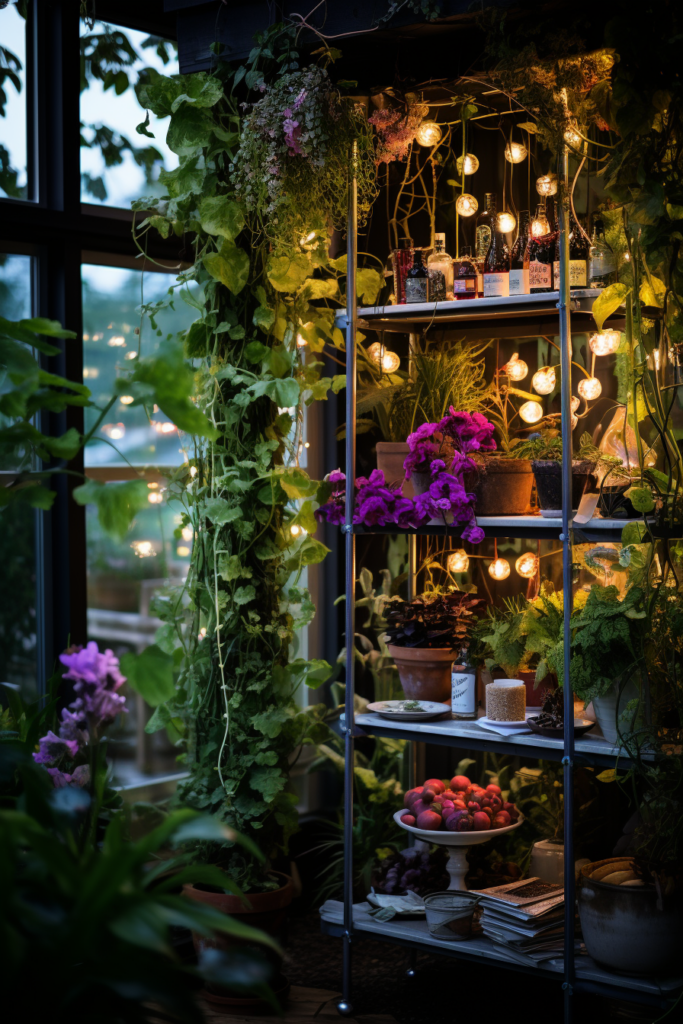 A vertical garden with decorative elements, filled with greenery and potted plants.