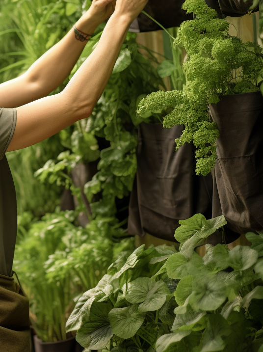 A woman in an apron is creating a vertical garden by hanging herbs on a wall, incorporating greenery and decorative elements.