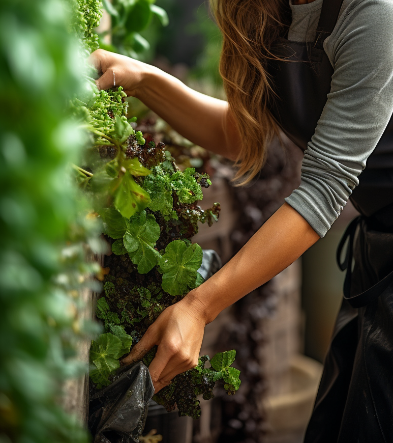 A woman in an apron picking up Greenery plants from a Vertical Gardens wall.