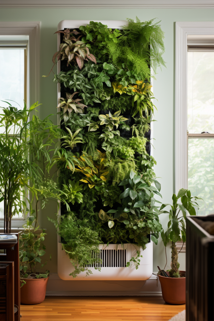 A living wall in a living room adorned with potted plants, incorporating vertical gardens and decorative elements showcasing lush greenery.