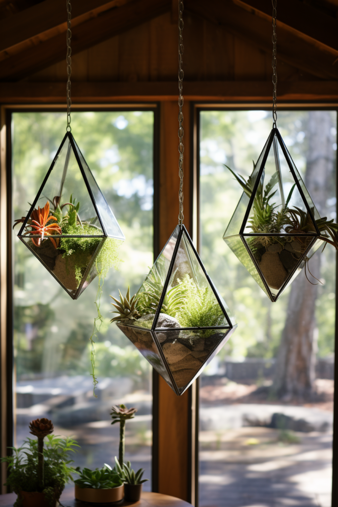 Three innovative suspended containers hanging from a window.
