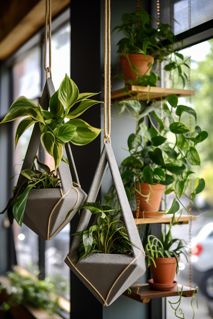 Three innovative hanging planters adorning a window.