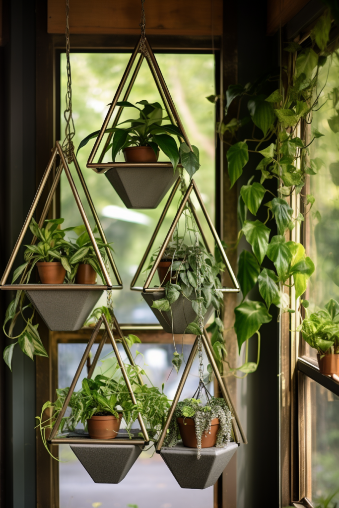 Innovative hanging planters suspended from a window in a living room.