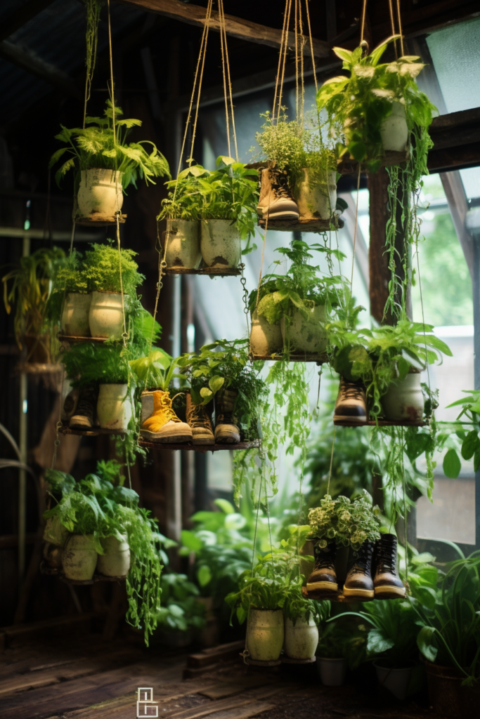 Innovative hanging planters in a wooden house.