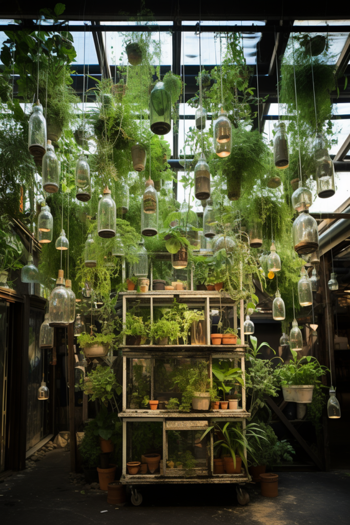 Innovative suspended containers filled with hanging plants dangle from the ceiling.