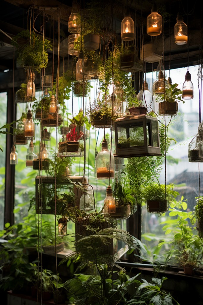 An innovative room with hanging planters suspended from the ceiling.