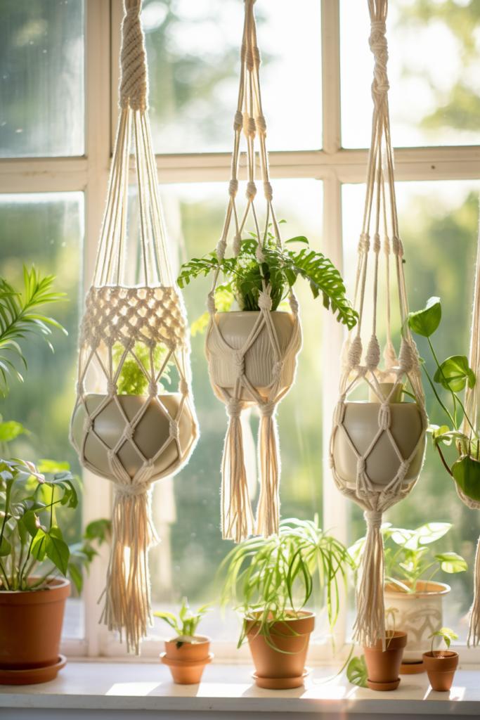 Innovative macrame hanging planters suspended on a window sill.
