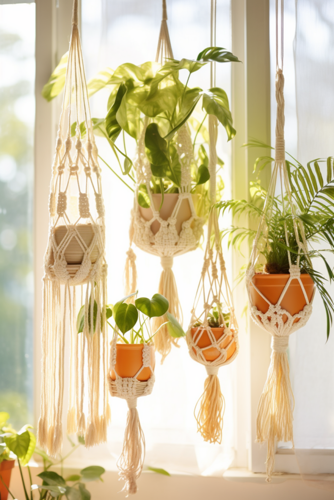 Innovative macrame plant hangers hanging from a window.