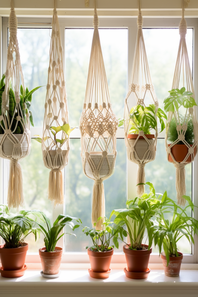 Innovative suspended containers, Macrame plant hangers hanging from a window sill.