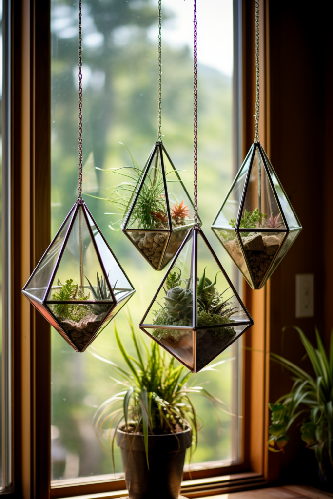 Four innovative hanging planters suspended from a window sill.