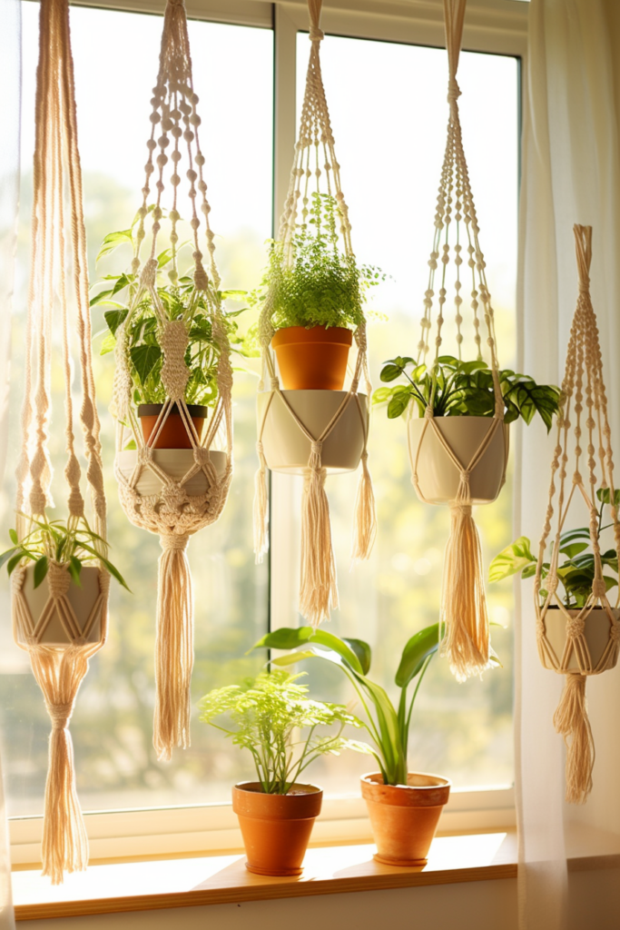 Innovative macrame plant hangers on a window sill.