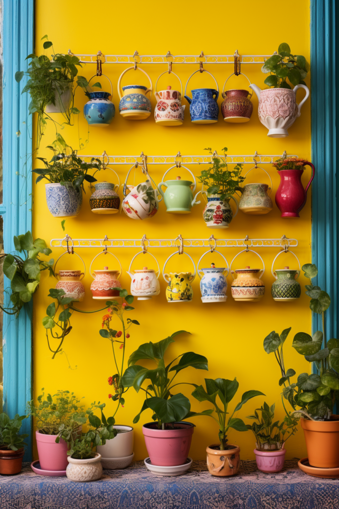 A wall of innovative hanging planters on a shelf in front of a yellow wall.